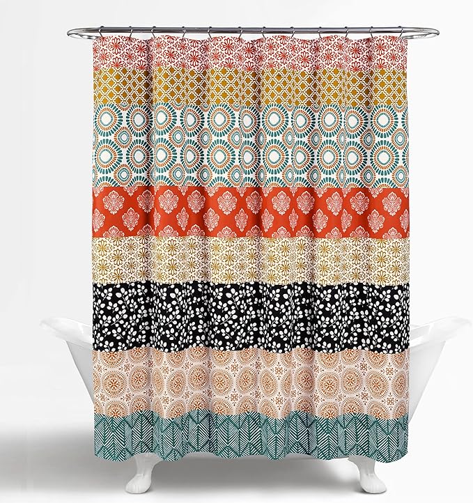 Lush Decor Bohemian Stripe Shower Curtain 72" W x 84" L Turquoise & Orange - Bathroom Curtain - Extra Long Shower Curtain - Boho Decor - Striped Shower Curtains