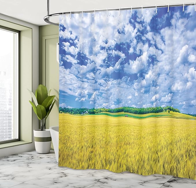 Ambesonne United States Shower Curtain, Wheat Farm in Sunny Day Kansas USA Countryside Summer Getaway, Cloth Fabric Bathroom Decor Set with Hooks, 69" W x 84" L, Apple Green Blue White