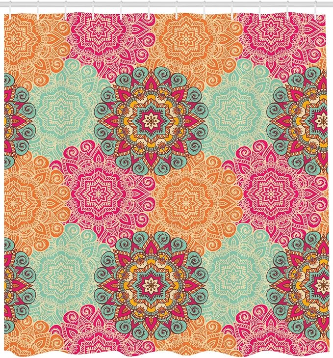 Ambesonne Mandala Shower Curtain, Antique Mandala Patterns Circles in Vintage Colors Native Tribal Ornamental, Cloth Fabric Bathroom Decor Set with Hooks, 84" Long Extra, Fuchsia Orange