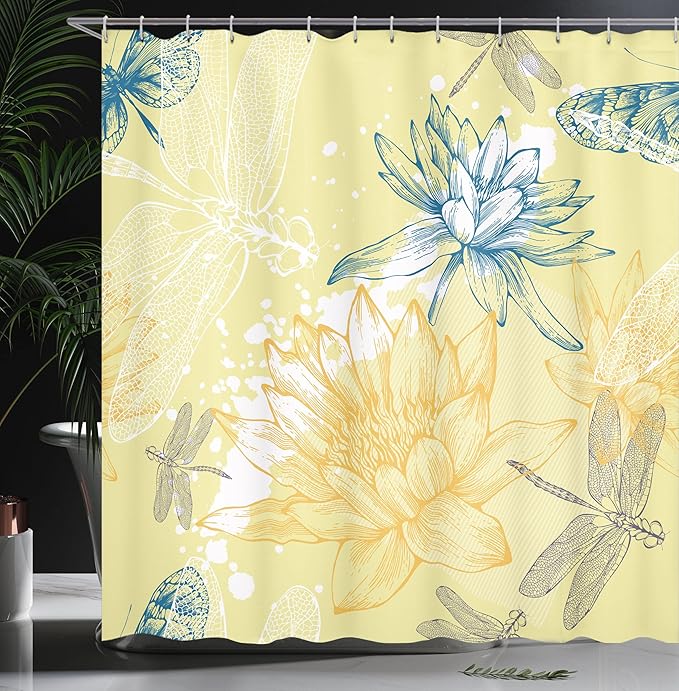Ambesonne Dragonfly Shower Curtain, Boho Style Plants and Dragonflies Sketchy Illustration, Cloth Fabric Bathroom Decor Set with Hooks, 69" W x 84" L, Petrol Blue