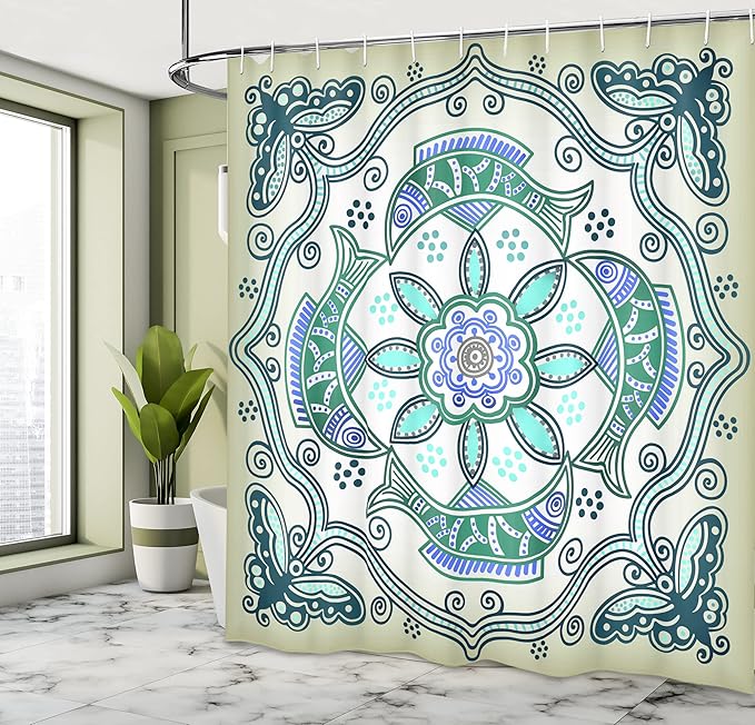 Ambesonne Shower Curtain, Victorian Butterfly Image, Cloth Fabric Bathroom Decor Set with Hooks, 69" W x 75" L, Blue Beige