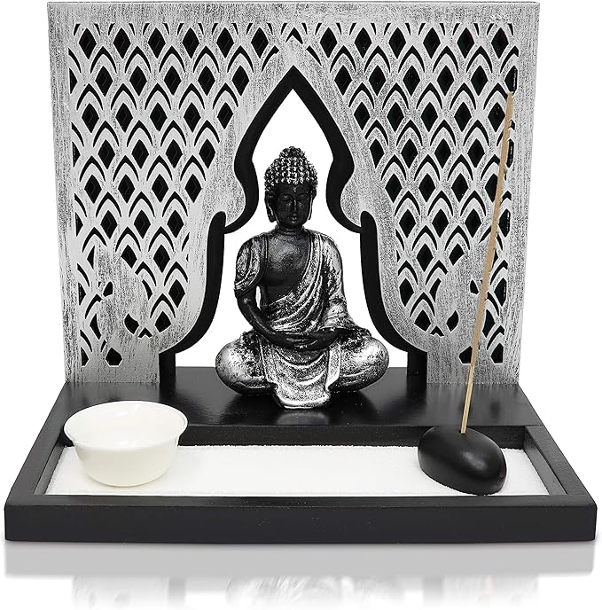 Zen Garden Candle Holder Home Decor - Buddha Incense Stick Holder Office Desk Accessories - Zen Garden Sand Office Decor - Buddha Statue Table Top - 12" x 12"