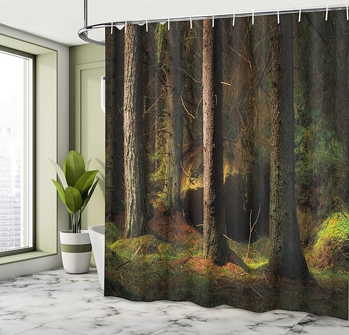 Ambesonne Magic Shower Curtain, Deep Dark in The Enchanted Forest with Trees in Evening Mystical Theme, Cloth Fabric Bathroom Decor Set with Hooks, 69" W x 75" L, Forest Green