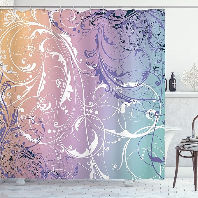 Ambesonne Floral Shower Curtain, Baroque Swirl Branches Curved Flower Leaves Shabby Form Nature Pattern, Cloth Fabric Bathroom Decor Set with Hooks, 69" W x 75" L, Lilac Teal