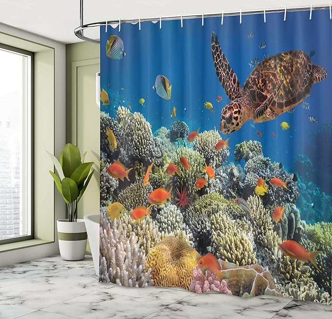Ambesonne Ocean Shower Curtain, Fishes Old Turtle Hawksbill Floats Under Water Coral Reefs Dahab Red Sea, Cloth Fabric Bathroom Decor Set with Hooks, 69" W x 75" L, Orange Brown