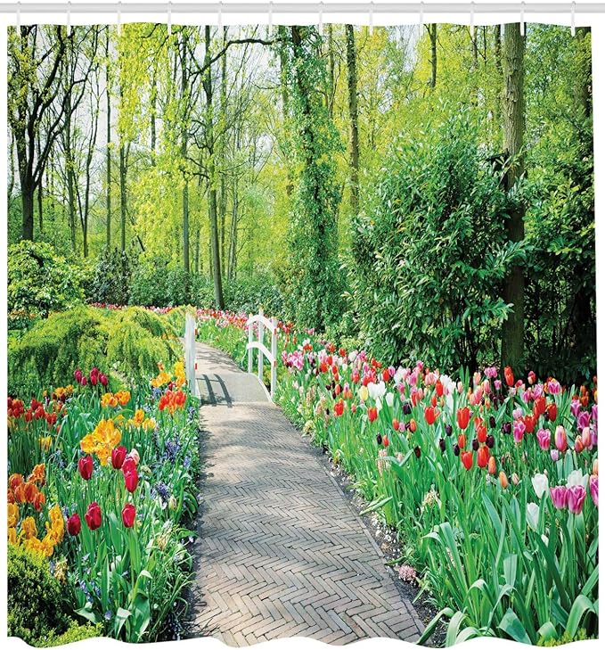 Ambesonne Garden Shower Curtain, Tulips in Keukenhof Gardens and Path Along Colorful Flowers Trees Nature Landscape, Cloth Fabric Bathroom Decor Set with Hooks, 69" W x 75" L, Multicolor