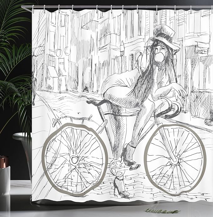 Ambesonne Bicycle Shower Curtain, Outrageous Young Lady Chewing Gum on Her Bike on Street Sketchy Illustration, Cloth Fabric Bathroom Decor Set with Hooks, 69" W x 70" L, White Grey