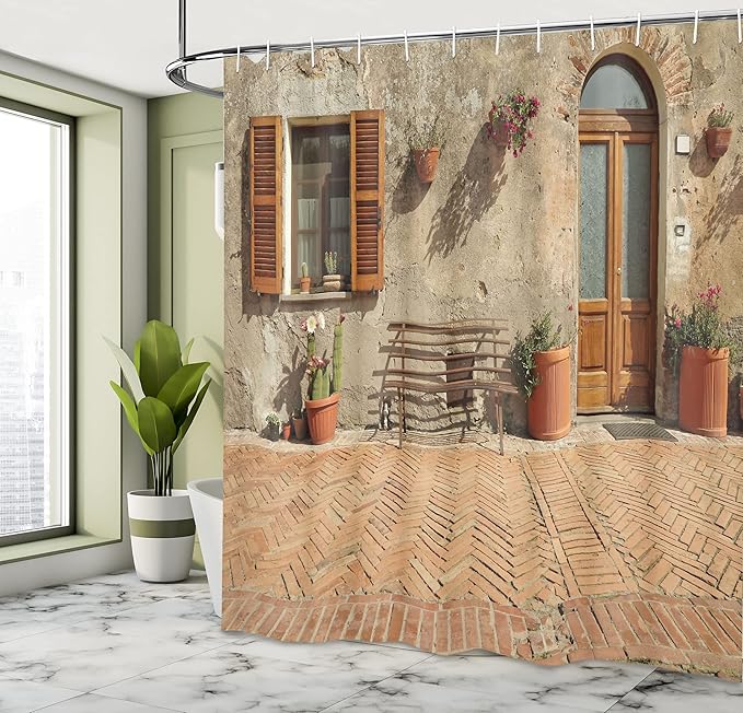 Ambesonne Tuscan Shower Curtain, Medieval Facade Rustic Wooden Door Brick Wall in Small Village, Cloth Fabric Bathroom Decor Set with Hooks, 69" W x 75" L, Cinnamon Tan