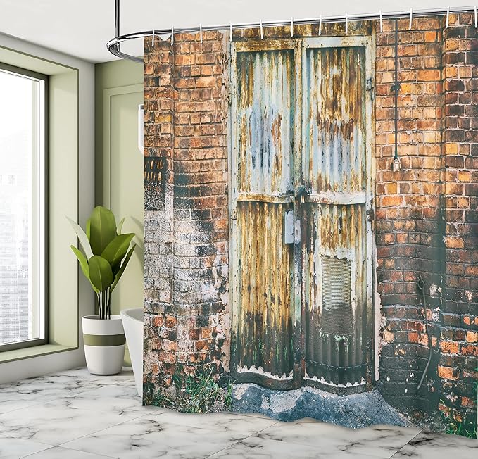 Ambesonne Rustic Shower Curtain, Dilapidated Door Gate Entrance to Old Brick Wall Abandoned Factory Urban Design Print, Cloth Fabric Bathroom Decor Set with Hooks, 69" W x 75" L, Grey Brown