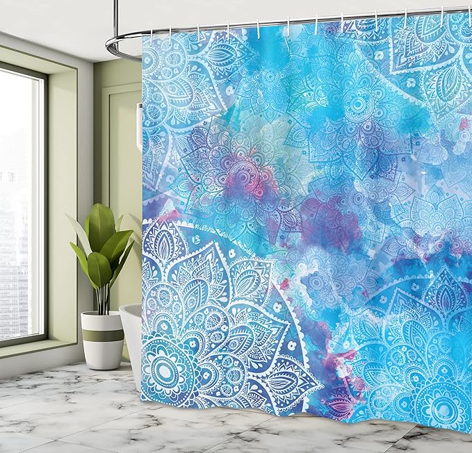 Batik Decor Shower Curtain by Ambesonne, Artistic Paisley Floral White Lace Mandala Watercolor Painting Artwork Print, Polyester Fabric Bathroom Set with Hooks, 69 X 70 Inches, Ombre Blue Purple Aqua
