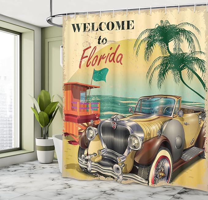 Ambesonne Florida Shower Curtain, Old Beach Picture with Vintage American Car a Visit to Touristic Coastal State, Cloth Fabric Bathroom Decor Set with Hooks, 69" W x 75" L, Beige Multicolor