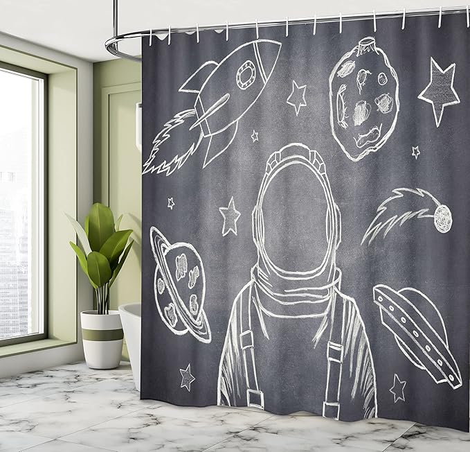 Ambesonne Modern Shower Curtain, Space Backdrop with Planets and Sketchy Astronaut Asteroids in The Galaxy an Image of an Illustration, Cloth Fabric Bathroom Set with Hooks, 69" W x 70" L, Grey Blue