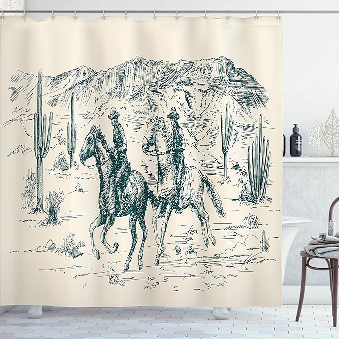 Ambesonne Western Shower Curtain, Country Theme Hand Drawn Illustration of American Wild West Desert with Cowboys, Cloth Fabric Bathroom Decor Set with Hooks, 69" W x 75" L, Cream Teal