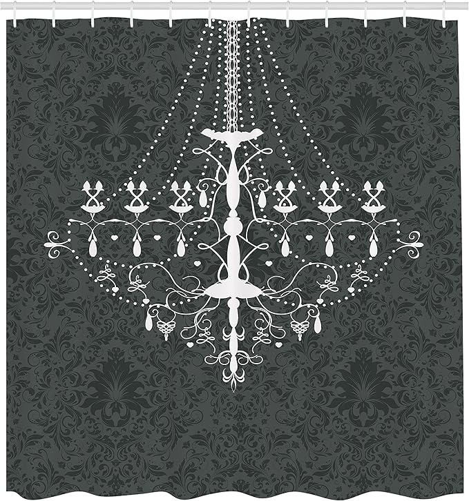 Ambesonne Vintage Shower Curtain, Victorian and Baroque Style of a Nostalgic Chandelier on The Damask Pattern Background Rococo Design, Cloth Fabric Bathroom Set with Hooks, 69" W x 70" L, Dark Grey