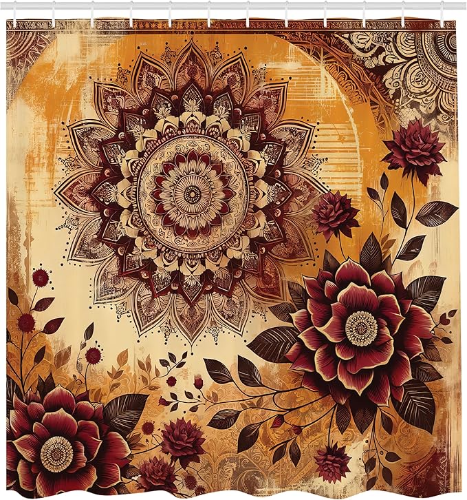Ambesonne Boho Floral Shower Curtain, Vintage Exotic Bohemian Vibe Monochrome Mandala and Flowers Print, Cloth Fabric Bathroom Decor Set with Hooks, 69" W x 75" L, Pale Cinnamon Mustard