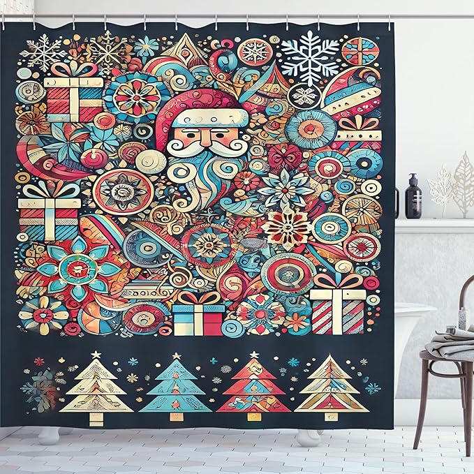 Ambesonne Christmas Shower Curtain, Color Jumble Xmas of Santa Flowers Trees Snow with American Trad Lines, Cloth Fabric Bathroom Decor Set with Hooks, 69" W x 70" L, Slate Blue Multicolor