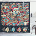 Ambesonne Christmas Shower Curtain, Color Jumble Xmas of Santa Flowers Trees Snow with American Trad Lines, Cloth Fabric Bathroom Decor Set with Hooks, 69" W x 75" L, Slate Blue Multicolor