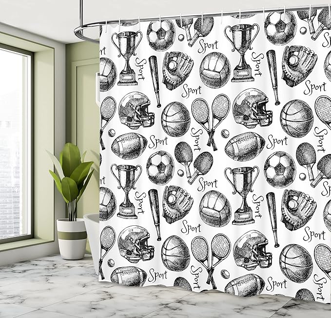 Ambesonne Sports Shower Curtain, Vintage Sketch Art Hobby Pattern of Balls Competition Themed Summer Ping Pong Schoolyard Print, Cloth Fabric Bathroom Decor Set with Hooks, 69" W x 84" L, Black White