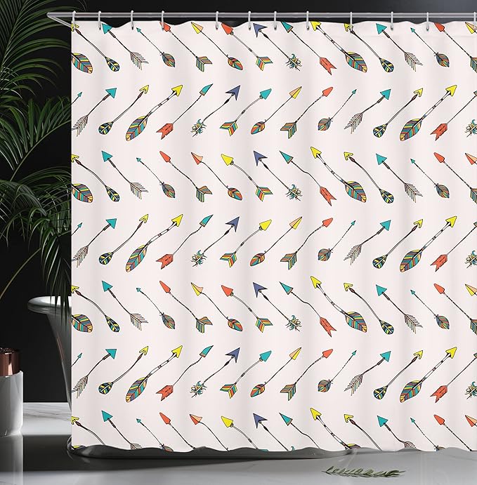 Ambesonne Arrows Shower Curtain, Arrows Design Vibrant Color Arrowheads Arrowtails Pattern Aztec Artwork, Cloth Fabric Bathroom Decor Set with Hooks, 69" W x 70" L, Orange Yellow Turquoise