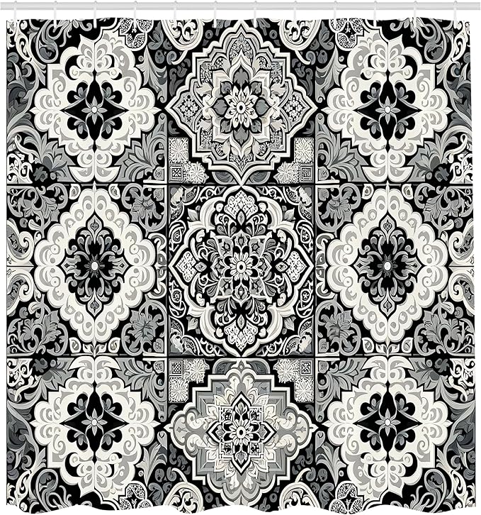 Ambesonne Grey Shower Curtain, Oriental Trippy Art with Moroccan Tile Pattern of Blooming and Curlicue Leaves, Cloth Fabric Bathroom Decor Set with Hooks, 69" W x 84" L, Off White Dimgray