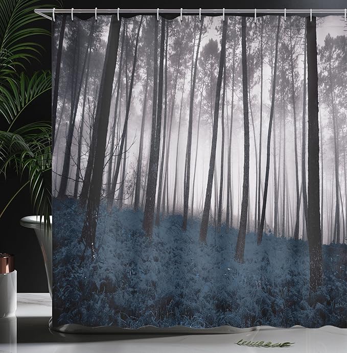 Ambesonne Forest Shower Curtain, Mystical Fantasy Woodland Under Heavy Fog Tall Trees Bushes Contrast Colors, Cloth Fabric Bathroom Decor Set with Hooks, 69" W x 75" L, Petrol Black