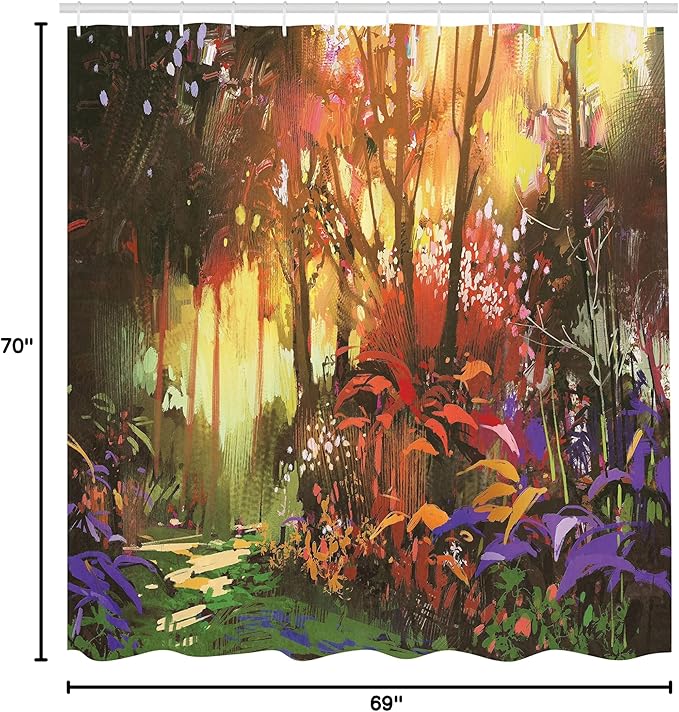Ambesonne Fantasy Shower Curtain, Enchanted Forest Scenery with Sun Rays and Vibrant Leaves Ferns Woodland Design, Cloth Fabric Bathroom Decor Set with Hooks, 69" W x 70" L, Purple Burgundy