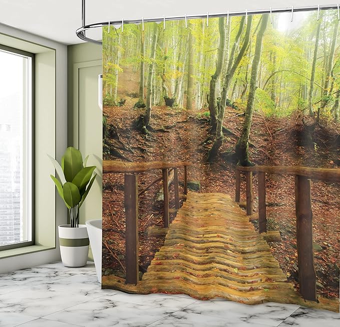 Ambesonne Landscape Shower Curtain, Weathered Old Wooden Bridge River to Footpath Birch Trees in Autumn, Cloth Fabric Bathroom Decor Set with Hooks, 69" W x 70" L, Brown Pale Green Peru