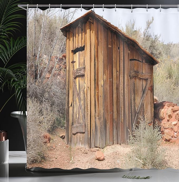 Ambesonne Outhouse Shower Curtain, Old Wooden Shed in The Outback Country Side Olive Trees, Cloth Fabric Bathroom Decor Set with Hooks, 69" W x 75" L, Caramel Brown