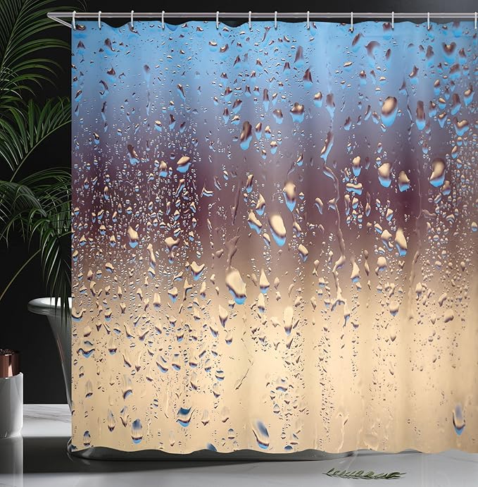 Ambesonne Rain Shower Curtain, Close up Rain Drops on Glass Natural Sprays Sphere Contrasting Colors Picture, Cloth Fabric Bathroom Decor Set with Hooks, 69" W x 70" L, Blue Tan Brown