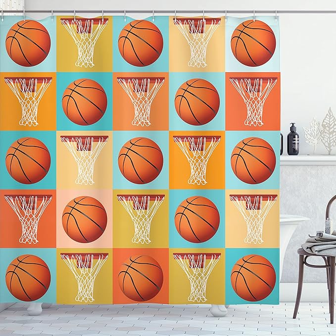 Ambesonne Sports Shower Curtain, Basketball Pattern Equipment NBA Theme Abstract Checked Illustration, Cloth Fabric Bathroom Decor Set with Hooks, 69" W x 70" L, Pale Blue Orange Red