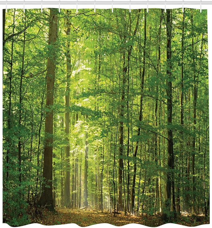 Ambesonne Woodland Shower Curtain, Deciduous Forest Trees in Summertime Foliage Sun Rays Romantic Holidays Scenic Image, Cloth Fabric Bathroom Decor Set with Hooks, 69" W x 70" L, Bamboo Green