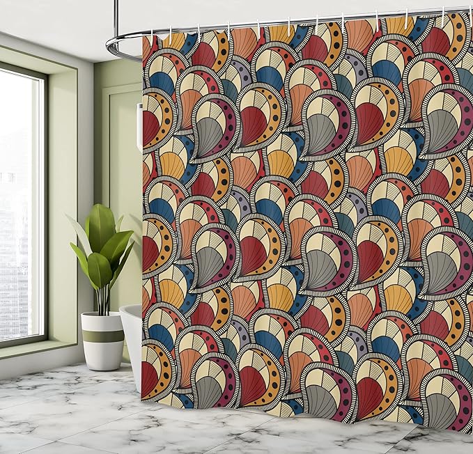 Ambesonne African Shower Curtain, Paisley Motifs Geometric Design Dots Lines Teardrop Shape Curved Tip, Cloth Fabric Bathroom Decor Set with Hooks, 69" W x 75" L, Charcoal Multicolor