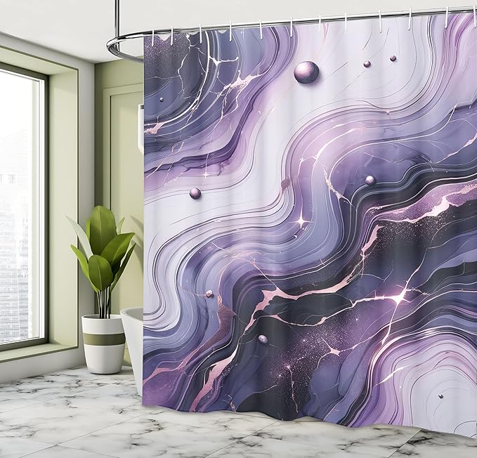 Ambesonne Purple Shower Curtain, Modern Universe Feels Curvy Marble Print Monochromatic Pastel Tones, Cloth Fabric Bathroom Decor Set with Hooks, 69" W x 84" L, Pale Grey Quartz and Lilac