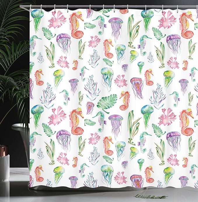 Ambesonne Jellyfish Shower Curtain, Colorful Seahorses Jellyfish and Seaweed Algae Fun Underwater Design Pattern, Cloth Fabric Bathroom Decor Set with Hooks, 69" W x 84" L, Green Pink
