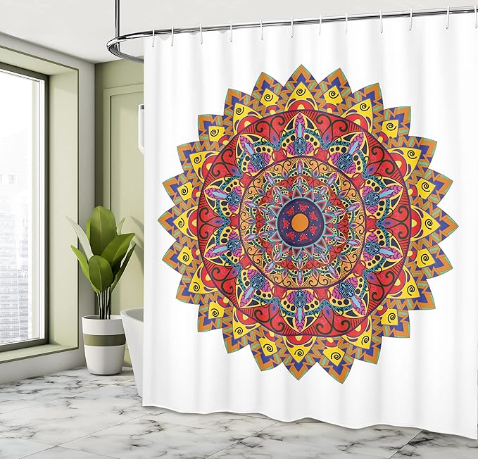 Ambesonne Ethnic Shower Curtain, Bohemic Hippie Design with Geometric Oriental Shapes Image Print, Cloth Fabric Bathroom Decor Set with Hooks, 69" W x 75" L, White