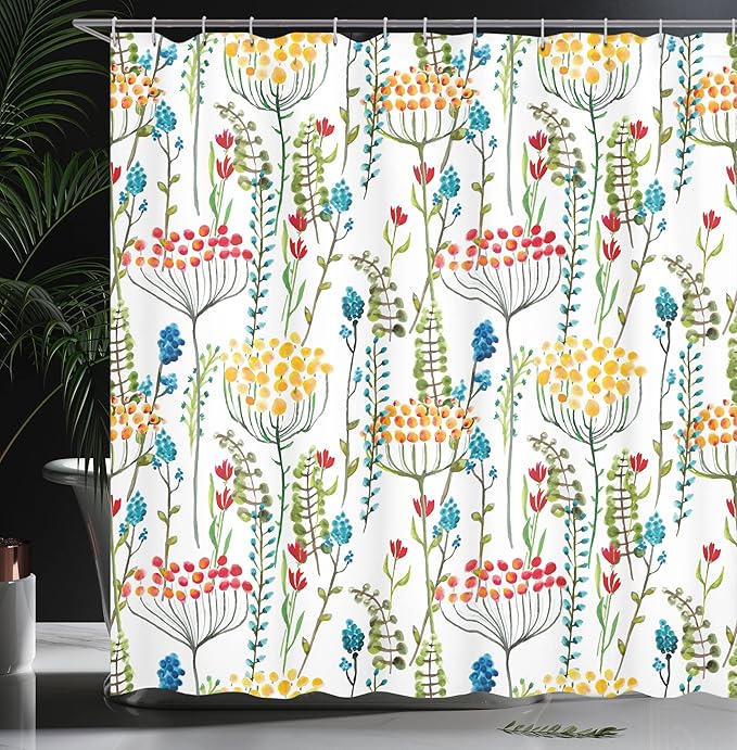 Ambesonne Floral Shower Curtain, Hand Drawn Doodle Style Flowers Blossoms in Watercolors Natural Botanical Garden Art, Cloth Fabric Bathroom Decor Set with Hooks, 69" W x 70" L, Magenta Yellow