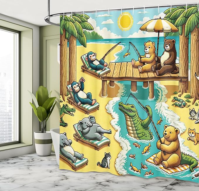 Ambesonne Funny Animals Shower Curtain, Sunbathing Elephants Monkeys Fishing Bears Swimming Gator Happy Day, Cloth Fabric Bathroom Decor Set with Hooks, 69" W x 84" L, Yellow Aqua Green