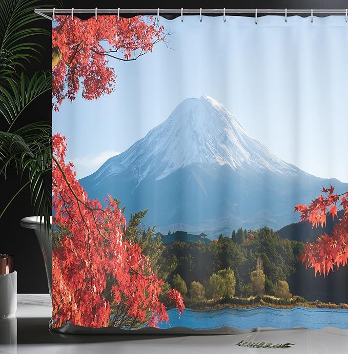 Ambesonne Landscape Shower Curtain, Mountain Fiji with Snowcapped Summit and Lake Maple Trees in Autumn, Cloth Fabric Bathroom Decor Set with Hooks, 69" W x 70" L, Paprika Blue and Green