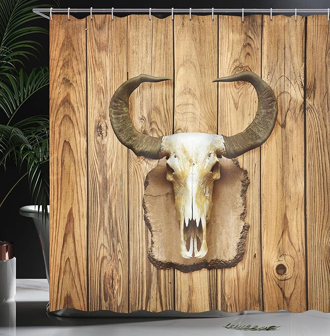 Ambesonne Western Shower Curtain, Buffalo Bull Skull with Horns Hanging on Rustic Wooden Plank Image Print, Cloth Fabric Bathroom Decor Set with Hooks, 69" W x 75" L, Brown Ivory