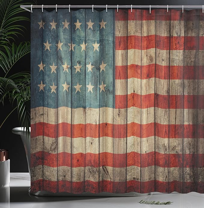 Ambesonne USA Shower Curtain, Fourth of July Independence Day Painted Old Wooden Rustic Background Patriot, Cloth Fabric Bathroom Decor Set with Hooks, 69" W x 70" L, Blue Red