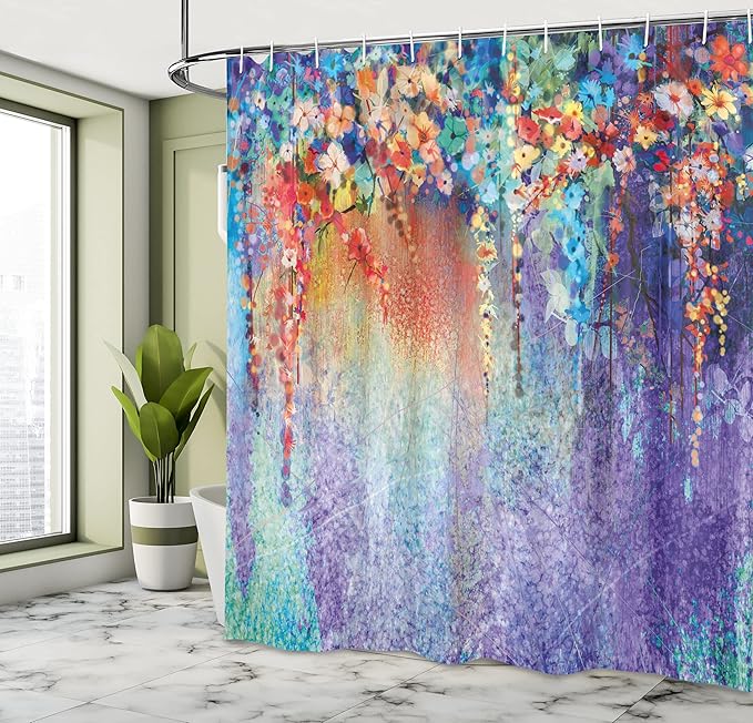 Ambesonne Flower Shower Curtain, Abstract Herbs Alternative Medicine Blossoms Ivy Back Florets Shrubs Design, Cloth Fabric Bathroom Decor Set with Hooks, 69" W x 70" L, Ceil Blue