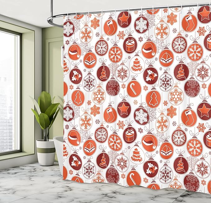 Ambesonne Christmas Shower Curtain, Classical Themed Old Fashioned Celebration Carols Winter Design Patterns, Cloth Fabric Bathroom Decor Set with Hooks, 69" W x 70" L, White Vermilion
