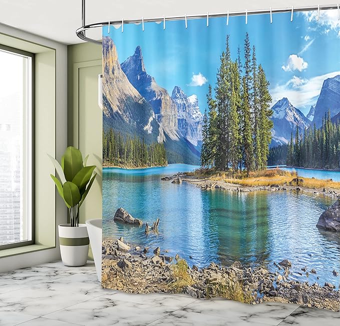 Ambesonne Mountain Shower Curtain, Outdoorsy Scenery of The Spirit Island and Maligne Lake Canada in Summer Nature Scene Print, Cloth Fabric Bathroom Decor Set with Hooks, 69" W x 84" L, Blue Green