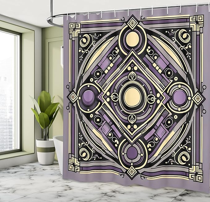 Ambesonne Ethnic Shower Curtain, Diagonal Square with Circles Dramatic and Symmetric Shapes Ornament, Cloth Fabric Bathroom Decor Set with Hooks, 69" W x 70" L, Violet Cream Purple Grey