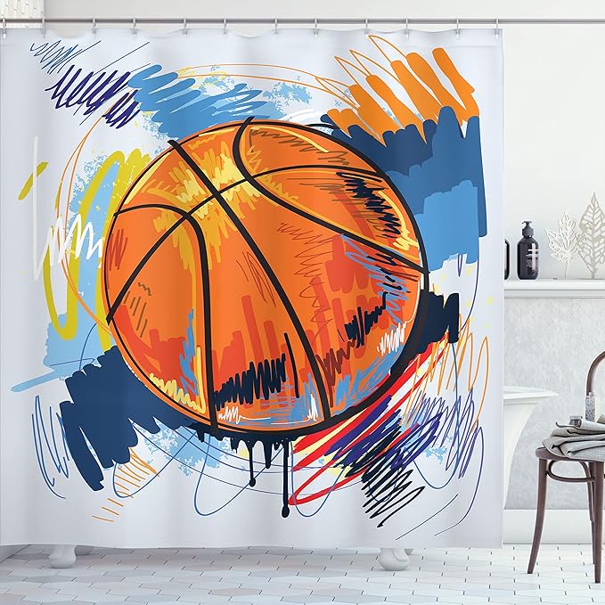 Ambesonne Sports Shower Curtain, Basketball Colorful Background Sketch Enjoyment Doodle Style Design, Cloth Fabric Bathroom Decor Set with Hooks, 69" W x 70" L, Blue Orange