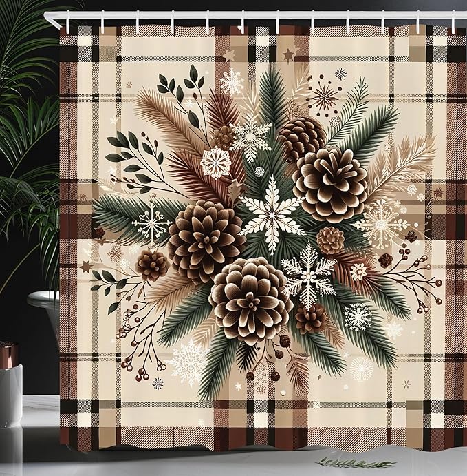 Ambesonne Christmas Shower Curtain, Traditional Xmas Pinecone and Leaves Ornate on Plaid Background Print, Cloth Fabric Bathroom Decor Set with Hooks, 69" W x 75" L, Cocoa Brown Sage Green