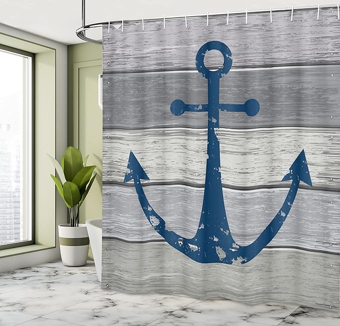 Ambesonne Anchor Shower Curtain, Rustic Nautical Maritime Sail Colored Symbol on Grunge Wooden Planks, Cloth Fabric Hotel Style Master Bathroom Decor Set with Hooks for Home, 69" W x 70" L, Night Blue