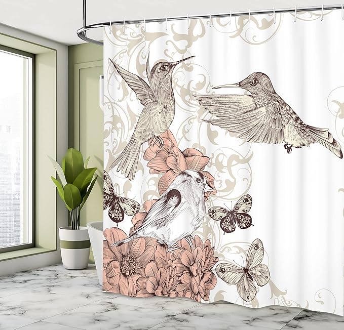 Ambesonne Hummingbird Shower Curtain, Vintage Style Art with Birds Butterflies on Blossoms Ornamental Background, Cloth Fabric Bathroom Decor Set with Hooks, 69" W x 70" L, Brown Tan