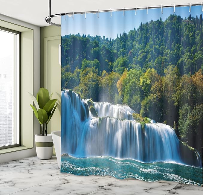 Ambesonne Waterfall Shower Curtain, Scenic Waterfall on The River and Forest Wild Space Life on Earth Photo, Cloth Fabric Bathroom Decor Set with Hooks, 69" W x 70" L, Green Blue Ivory