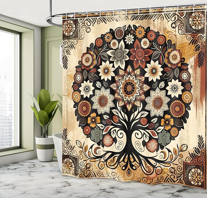 Ambesonne Boho Floral Shower Curtain, Vintage Exotic Tree of Life Inspired Paint on Rusty Weathered Print, Cloth Fabric Bathroom Decor Set with Hooks, 69" W x 75" L, Mustard Beige Cinnamon